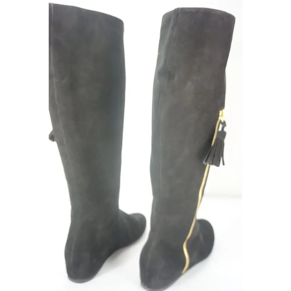 Stuart Weitzman Tass black suede wedge Tall boots size 6.5 New $635 gold zip